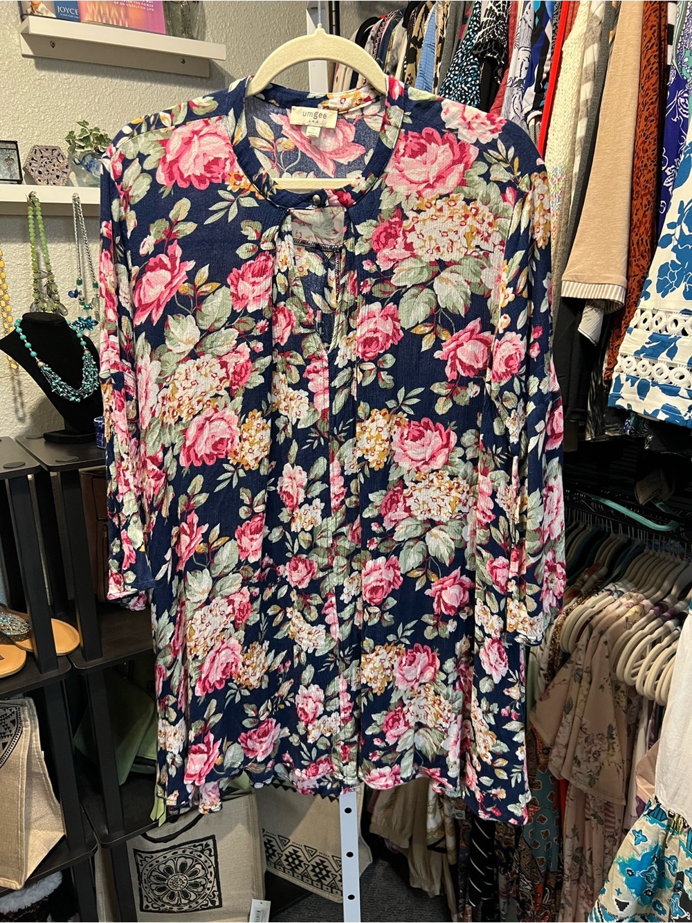Umgee Navy Floral Button-Front Tunic with Pink Roses